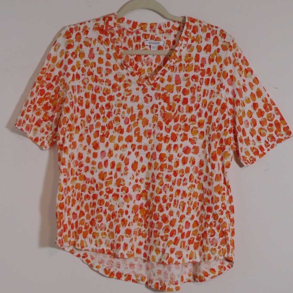Chico's Womens Top L Orange Pink Abstract Leopard Print Casual V-Neck Vibrant